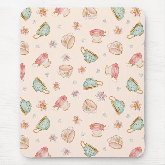 ヴィンテージティーカップ(リネン)パターン – マウスパッド (正面)