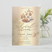 ヴィンテージティーセット、金ゴールドダイヤモンドブライダルシャワー 招待状 (スタンド正面)