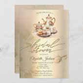 ヴィンテージティーセット、金ゴールドダイヤモンドブライダルシャワー 招待状 (正面/裏面)