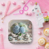 ヴィンテージティータイムブルーアジサイ花 ペーパープレート (パーティー)