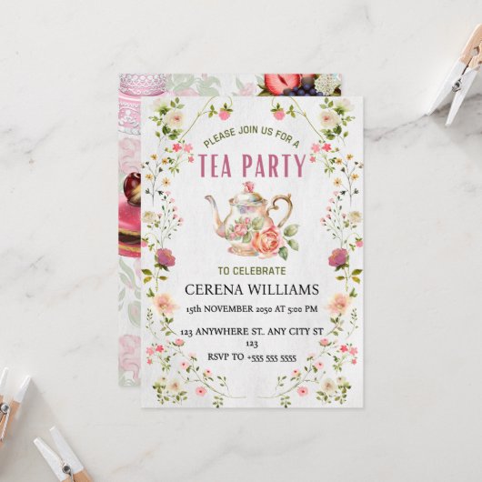 ヴィンテージティーパーティの招待状とフローラフレーム 招待状 (正面/裏面インサイチュ)