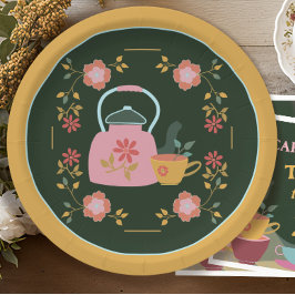 ヴィンテージティーパーティーダークグリーンイエロー ペーパープレート