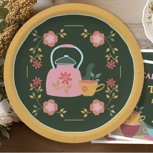 ヴィンテージティーパーティーダークグリーンイエロー ペーパープレート