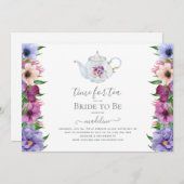 ヴィンテージティーパーティーティーポットフローラブライダルシャワー 招待状 (正面/裏面)