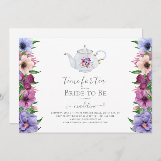 ヴィンテージティーパーティーティーポットフローラブライダルシャワー 招待状 (正面/裏面)