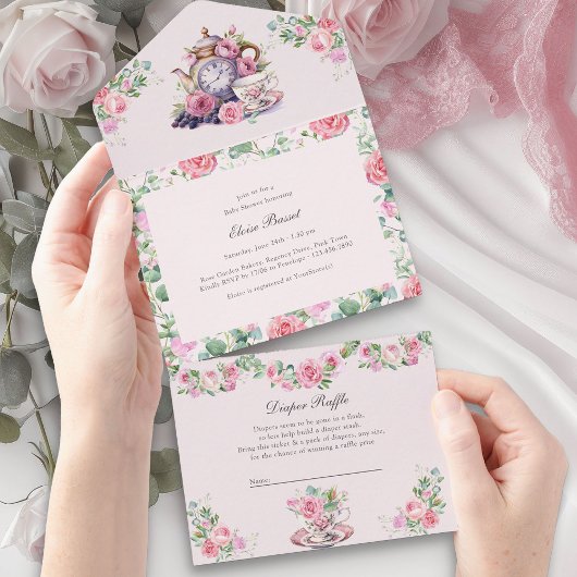 ヴィンテージティーパーティーブックおむつ、ベビーシャワー オールインワン招待状