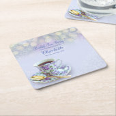 ヴィンテージティーパーティーブライダルシャワーブルースクエア紙 スクエアペーパーコースター (アングル)