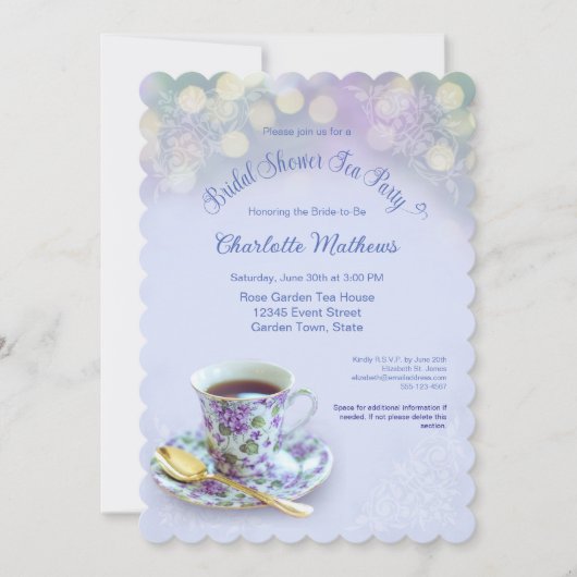 ヴィンテージティーパーティーブライダルシャワーブルー 招待状 (正面)