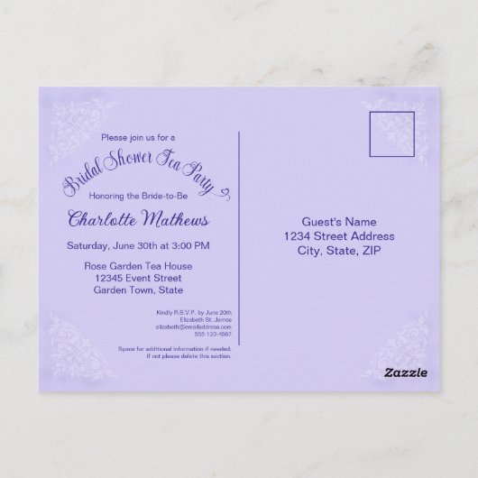 ヴィンテージティーパーティーブライダルシャワーラベンダーの招待 ポストカード (裏面)