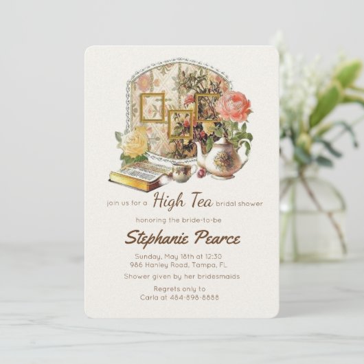 ヴィンテージティーパーティーブライダル誕生日ティーカップフローラ 招待状 (スタンド正面)