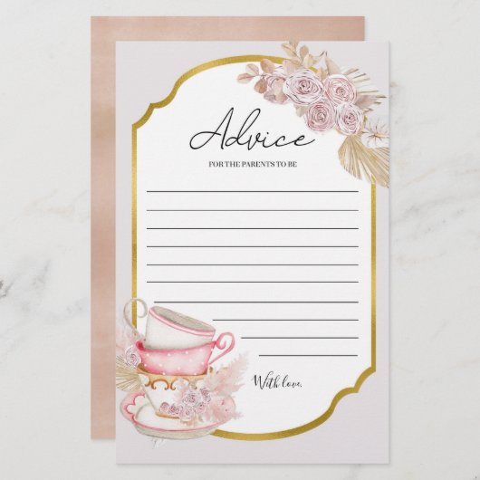 ヴィンテージティーパーティーベビーシャワーアドバイスカード (正面/裏面)