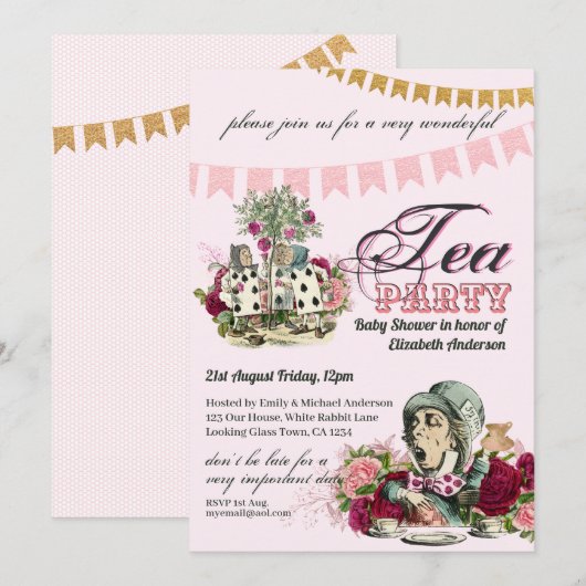 ヴィンテージティーパーティーベビーシャワーアリスIn Wonderland 招待状 (正面/裏面)