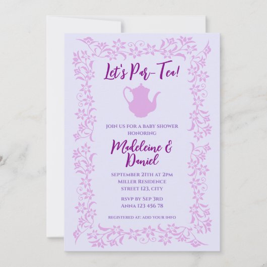 ヴィンテージティーパーティーベビーシャワーラベンダーフローラ 招待状 (正面)