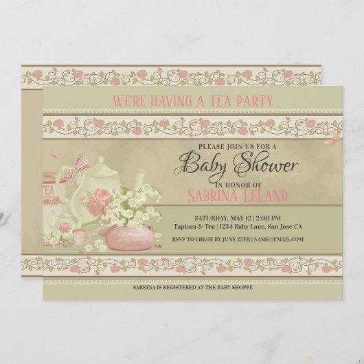 ヴィンテージティーパーティーベビーシャワー 招待状 (正面/裏面)