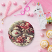 ヴィンテージティーパーティーレッドローズティーポット ペーパープレート (パーティー)