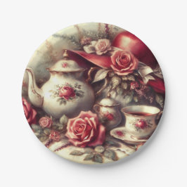 ヴィンテージティーパーティーレッドローズティーポット ペーパープレート
