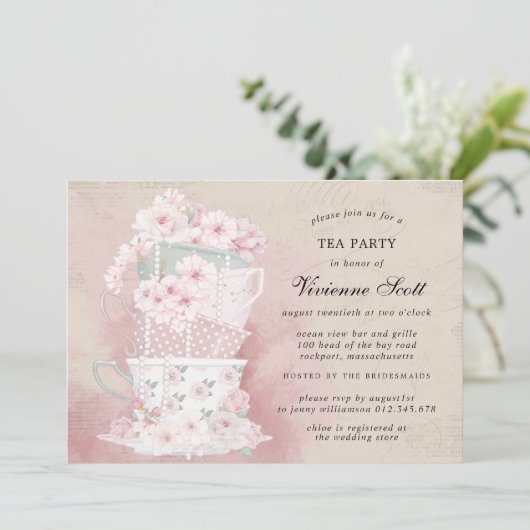 ヴィンテージティーパーティー水カラーブライダルシャワー 招待状 (スタンド正面)