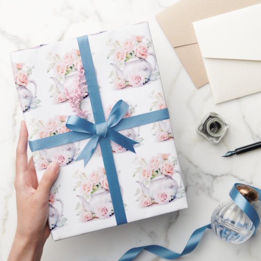 ヴィンテージティーポエレガントットピンクローズ ラッピングペーパー (ギフト)