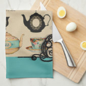 ヴィンテージティーポットとティーカップ キッチンタオル (四つ折り)