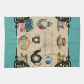 ヴィンテージティーポットとティーカップ キッチンタオル (横)