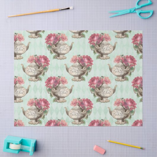 ヴィンテージティーポットとバラの切り離し 薄葉紙 (クラフト)