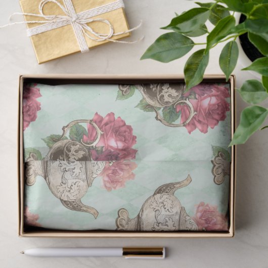 ヴィンテージティーポットとバラの切り離し 薄葉紙 (ギフト)