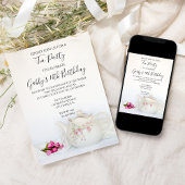 ヴィンテージティーポットとピンクローゼバースデーパーティー 招待状