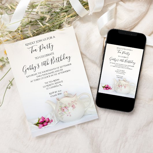 ヴィンテージティーポットとピンクローゼバースデーパーティー 招待状