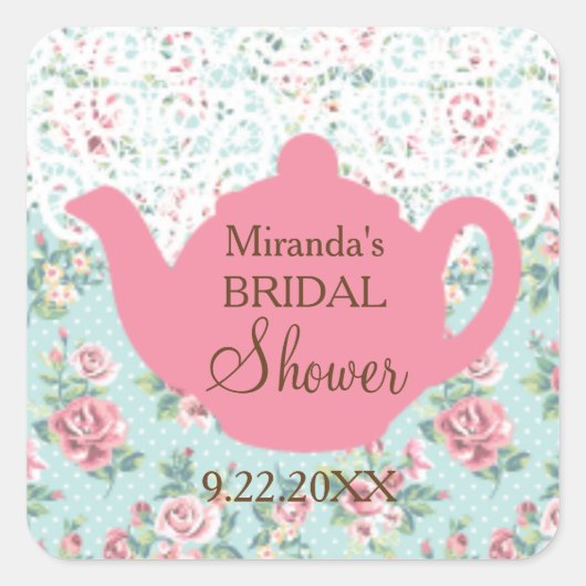 ヴィンテージティーポットバラとレース付縁どき スクエアシール (正面)