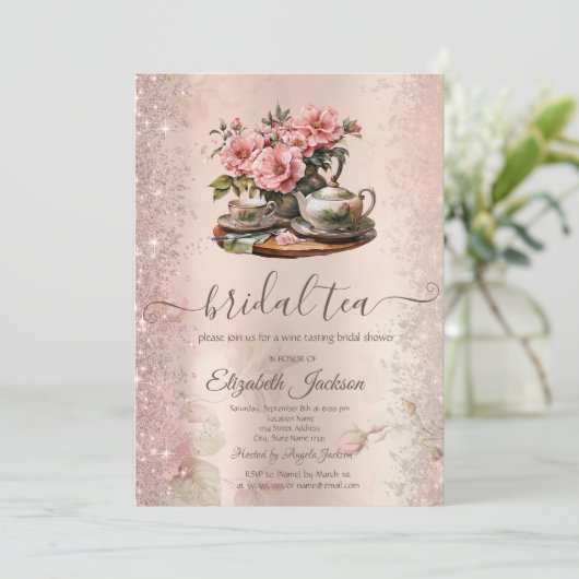 ヴィンテージティーポットフラワーズグリッタースパークル 招待状 (スタンド正面)
