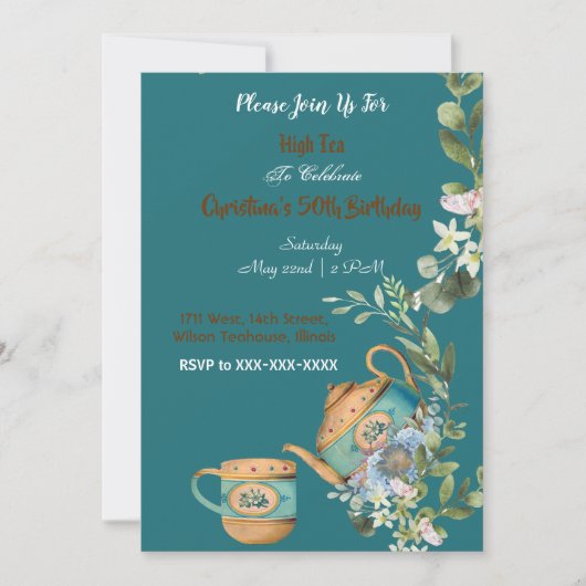 ヴィンテージティーポットフローラアフタヌーンハイティー誕生日 招待状 (正面)