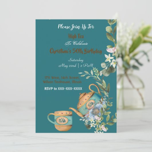 ヴィンテージティーポットフローラアフタヌーンハイティー誕生日 招待状 (スタンド正面)