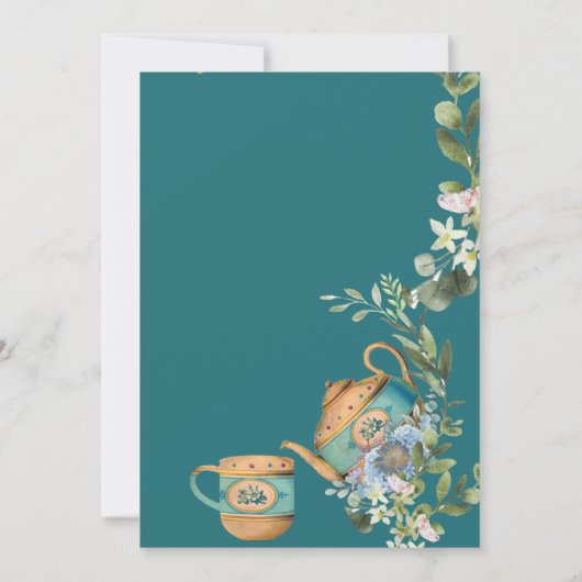 ヴィンテージティーポットフローラアフタヌーンハイティー誕生日 招待状 (裏面)