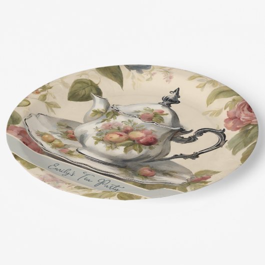 ヴィンテージティーポットフローラブライダルシャワーティーパーティー ペーパープレート (アングル)