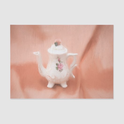 ヴィンテージティーポットホワイトピンクアンティークデコパージュ 薄葉紙 (正面)