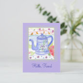 ヴィンテージティーポット水の色の花ハローフレンド ポストカード (スタンド正面)