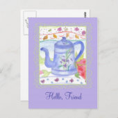 ヴィンテージティーポット水の色の花ハローフレンド ポストカード (正面/裏面)