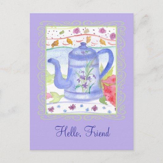 ヴィンテージティーポット水の色の花ハローフレンド ポストカード (正面)