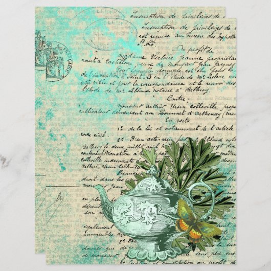 ヴィンテージティーポット&エフェメラコラージスクラップブック紙 (正面/裏面)