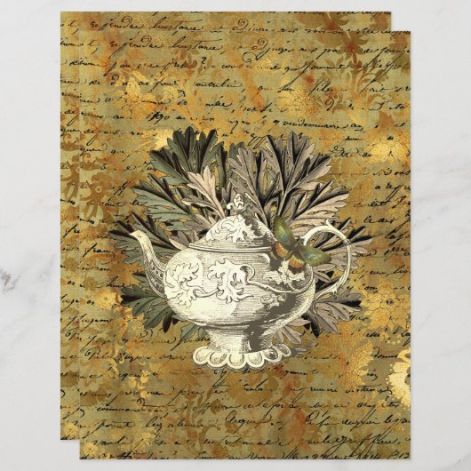 ヴィンテージティーポット&ゴールデンエフエメラスクラップブック紙 (正面/裏面)