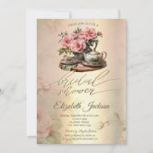 ヴィンテージティーポット、金ゴールドダイアモンズドレスブライダルシャワー 招待状 (正面)