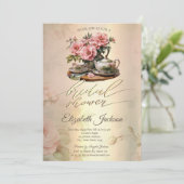 ヴィンテージティーポット、金ゴールドダイアモンズドレスブライダルシャワー 招待状 (スタンド正面)