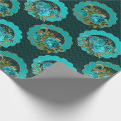 ヴィンテージティール（緑がかった色）とブラックパリをテーマにしたフローラ ラッピングペーパー (角)