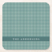 ヴィンテージティール(緑がかった色)とホワイトギンガムプレイドパーソナライズされた スクエアペーパーコースター (正面)