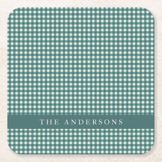 ヴィンテージティール(緑がかった色)とホワイトギンガムプレイドパーソナライズされた スクエアペーパーコースター (正面)