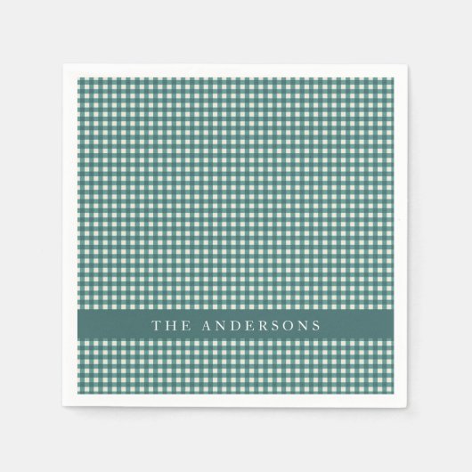 ヴィンテージティール(緑がかった色)とホワイトギンガムプレイドパーソナライズされた スタンダードカクテルナプキン (正面)