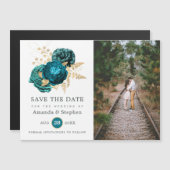 ヴィンテージティール（緑がかった色）と金ゴールドフローラ結婚式日付の保存 マグネット招待状 (正面/裏面)