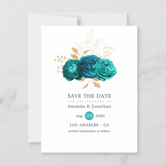 ヴィンテージティール（緑がかった色）と金ゴールドフローラ結婚式日付の保存 マグネット招待状 (正面)
