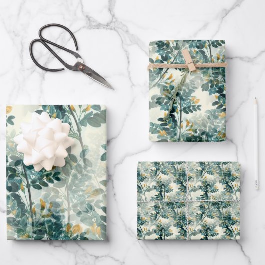 ヴィンテージティール（緑がかった色）の緑の葉葉のパタエレガントーン ラッピングペーパーシート (正面)