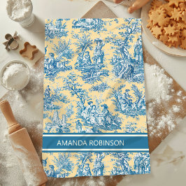 ヴィンテージティール（緑がかった色）イエロートイレデジュエプリント キッチンタオル